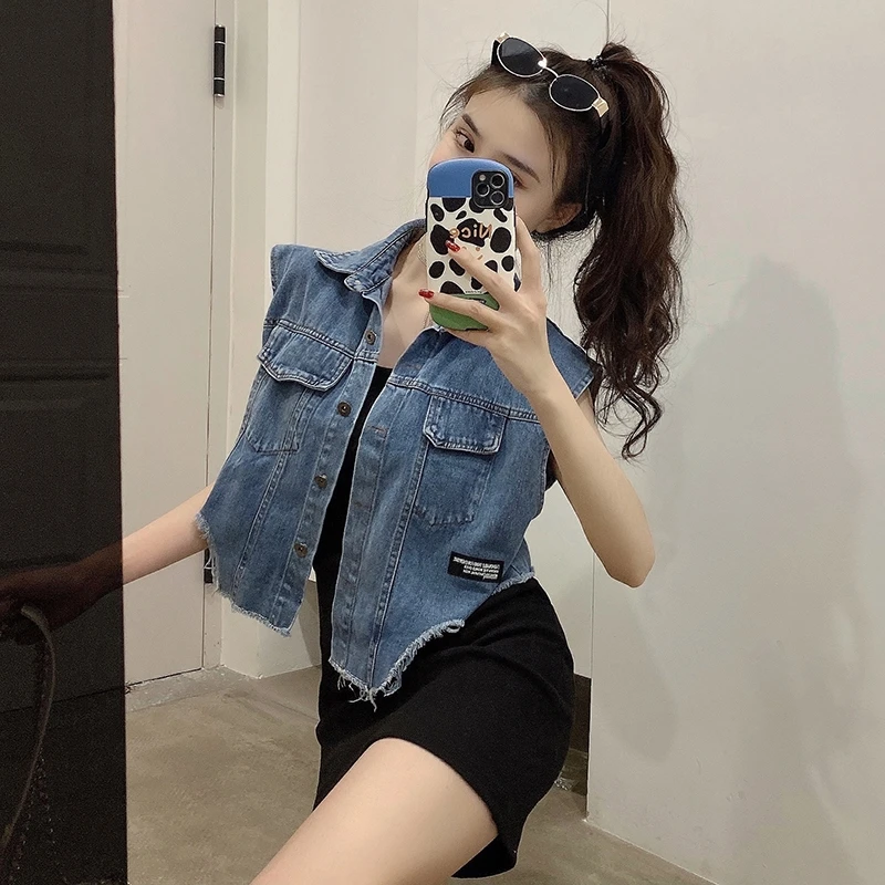 

2021 New Summer Slim-Fit Stretch Square Collar Vest Dress + Raw Edge Denim Vest Short Coat Suit for Women