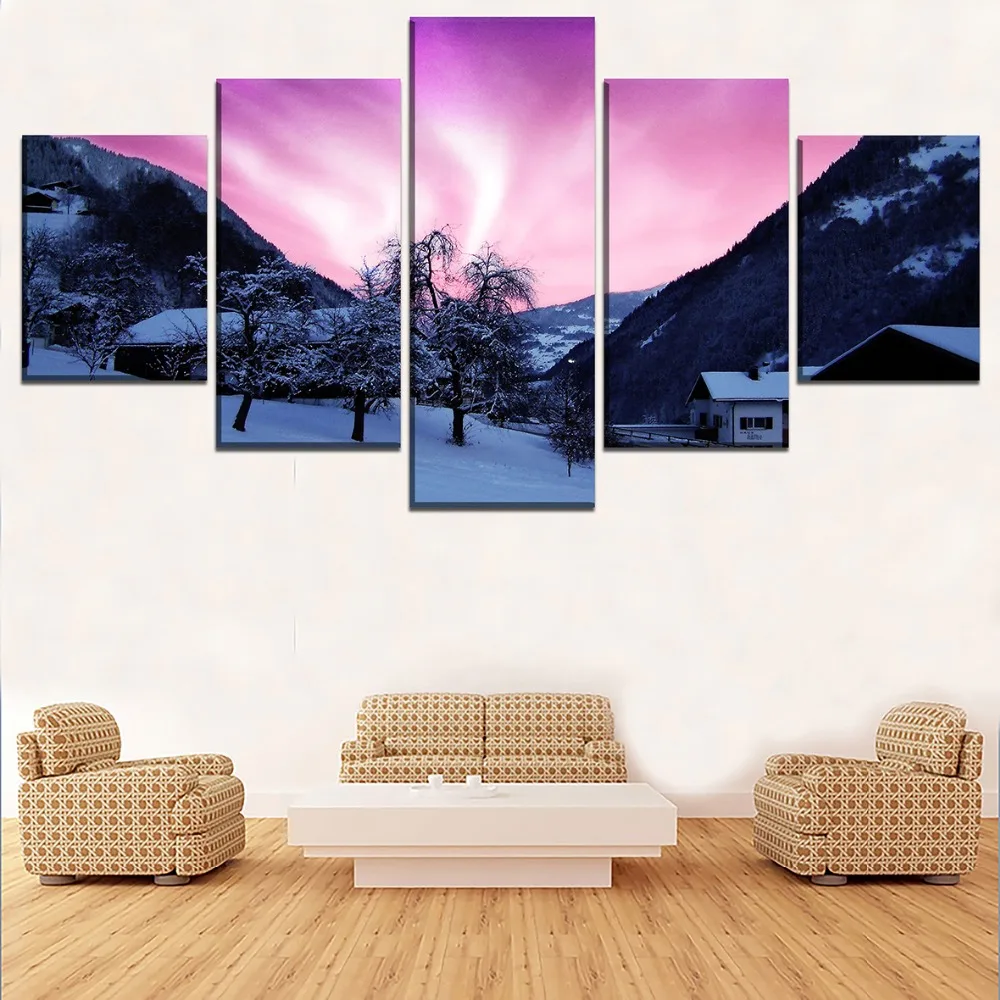 Modern Home Decorative 5 Pieces Aurora Borealis Poster Top-Rated Canvas Printed Wall Art Landscape Pictures Modular Framework | Дом и сад