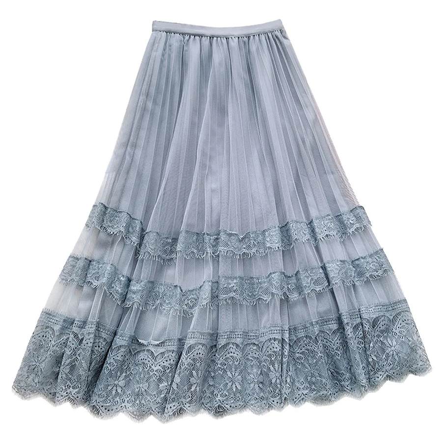 Женская длинная Плиссированная юбка кружевная сетчатая с цветочной вышивкой