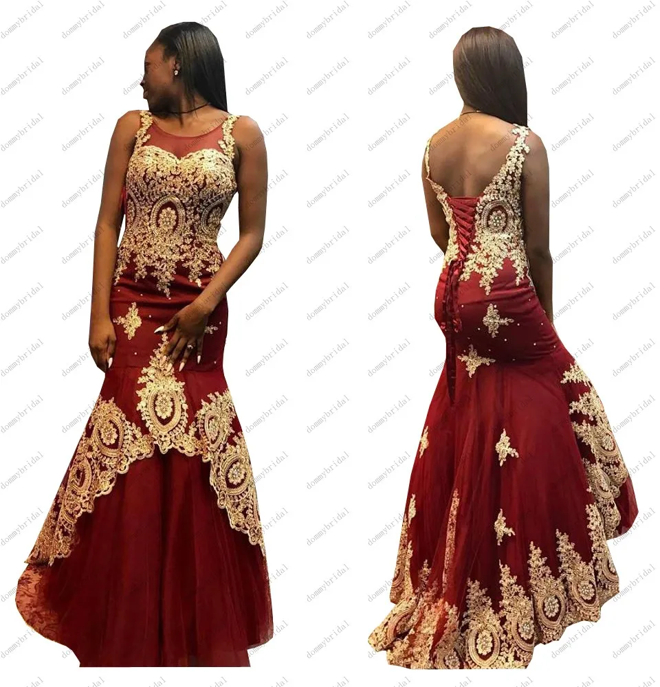 

Amazing Gold Lace Burgundy Tulle Sheer Neck Mermaid Prom Pageant Dresses Corset Back Wedding Party Guest Gowns Cheap Long