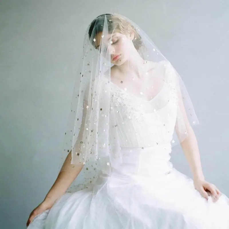 

Bridal Veils Wedding Women Tulle Fingertip Veil Two-layer With Comb Gold Starry Long Elegant Retro Lady Accessory Bride