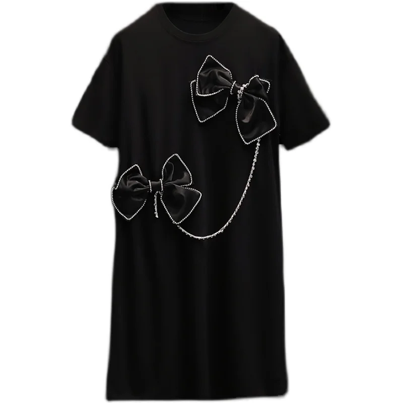 

4XL Plus Size 2021 Summer Black T-shirt Dress for Women O-Neck Short Sleeve Bow Rhinestone Decoration Casual Loose Dresses
