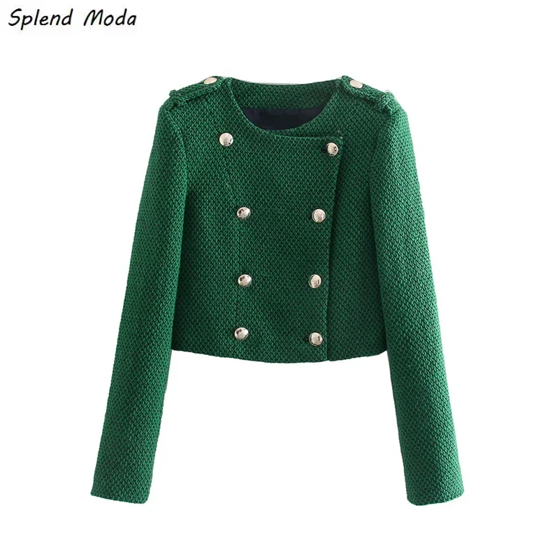 

Splend Moda Autumn Winter New Fashion England Style Vintage Metal Double-Breasted O-Neck Tweed Short Slim Coat Jacket Women
