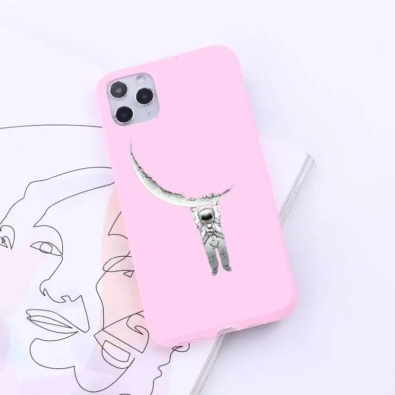 

Black White Moon Stars Space Astronaut Phone Case Candy Color for iPhone 6 7 8 11 12 s mini pro X XS XR MAX Plus