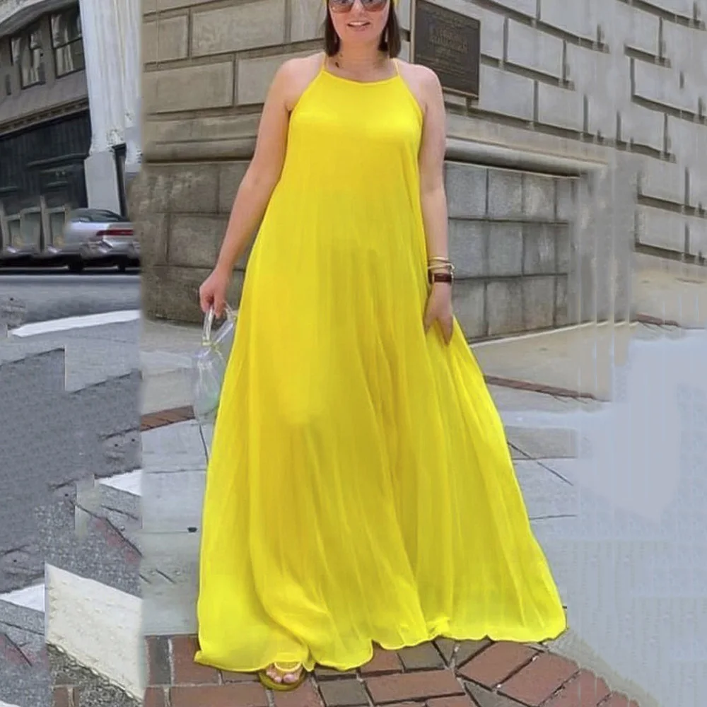 

Sexy Spaghetti Strap Pleated Dress for Women Solid Floor Length Loose Sleeveless Elegant Evening Night Party Club Vestidos Mujer