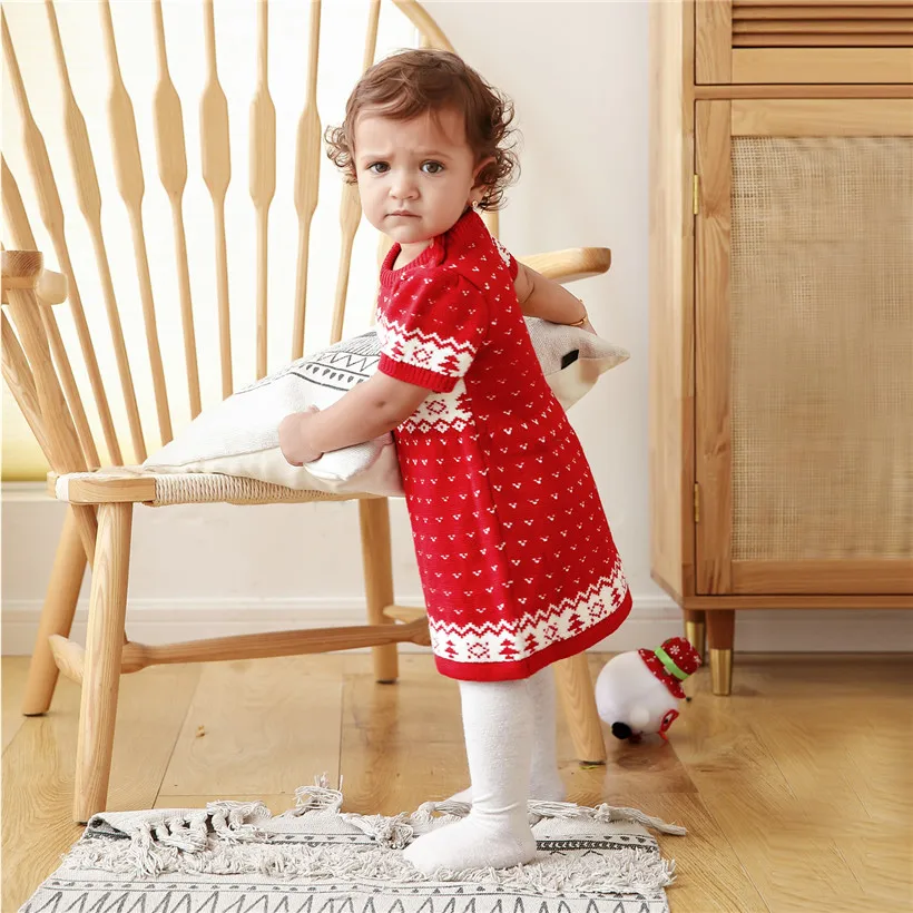 Трикотажное детское платье Рождественская одежда для маленьких девочек с оленем