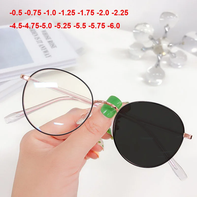 

Round Transition Sunglasses Matel Prescription Spectacle Women Men Myopia Glasses Diopter -1.0 -2.0 To -6.0