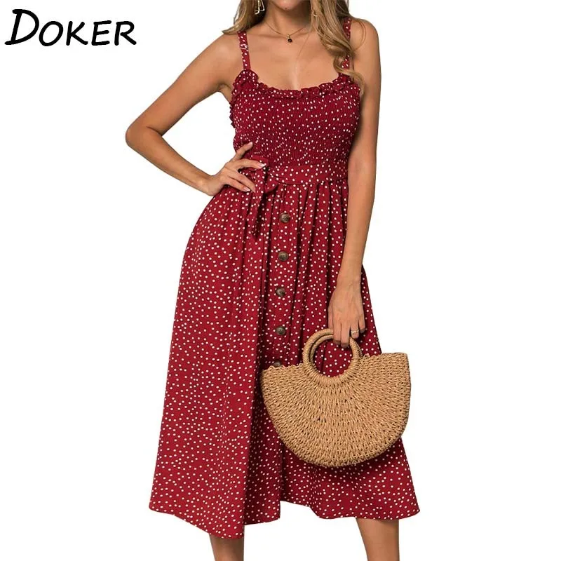 

Vintage Casual Sundress Female Beach Midi Dress Backless Polka Dot Button Women Dress Summer 2020 Floral Sexy Bandage Boho Dress
