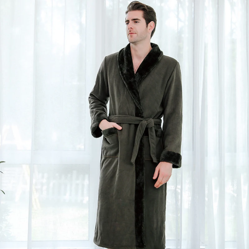 AIPEACEMen Casual Kimono Bathrobe Autumn Winter Flannel Long Robe Thick Warm Sleepwear Plus Size Nightgown Male Home Wear | Мужская