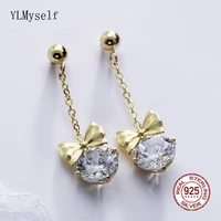real 925 sterling silver drop earrings for woman round cubic zirconia jewelry gold color earring bow design jewellery