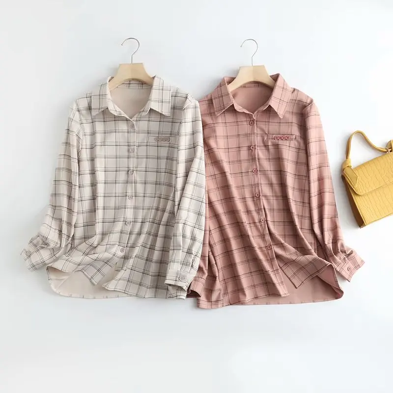 

Spring Autumn Peach Skin Women Shirts Longsleeve Plaid Business Casual Soft Social Dress Shirts Regular Fit Lady Shirt Blouse