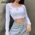 Футболка женская в рубчик, с длинным рукавом, с мультяшной вышивкой, Осенние футболки