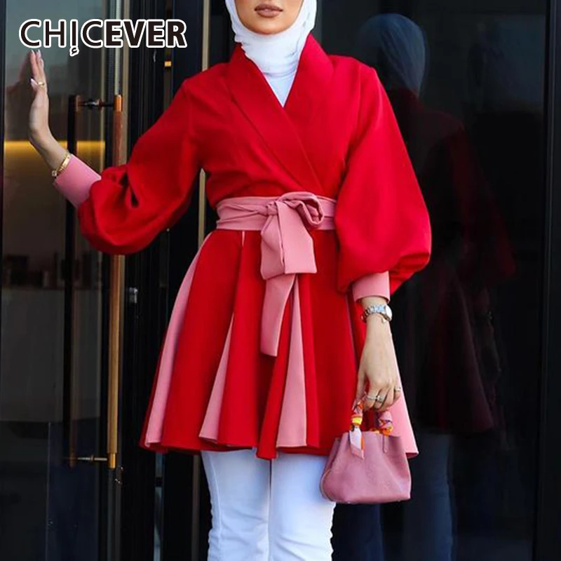 

CHICEVER Elegant Coats For Women Lapel Lantern Long Sleeve High Waist Bandage Hit Color Ruched Coat Female 2021 Spring Clothing