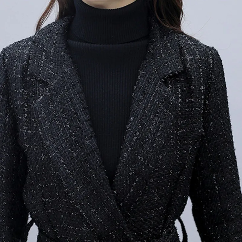 

Womens Winter Oversized Long Woolen Coat Sweet Loose Pockets Plaid Spliced Slim Turn-Down Collar Single Breasted Sashes Trench