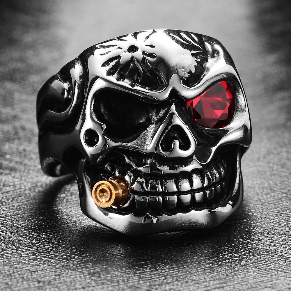 

Gold Smoking Pipe Biker Men's Rings Rock Punk Skull Ring Clear Red Zircon Eye Plating Rings Men Jewelry Factory Price Vimio