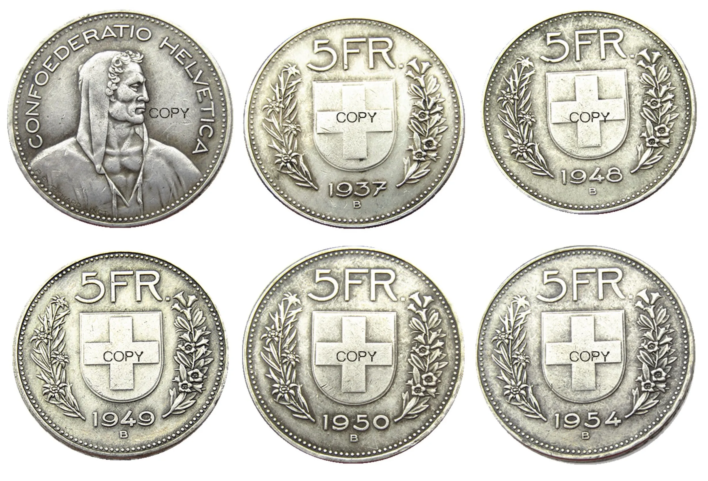 

Switzerland 5Frs 1937-1954 5PCS Nickel/Silver Plated Creative Copy Coin