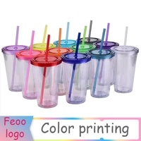 500ml milk cup with top lid double wall plastic beverage cup with straw reusable water bottle transparent fruit cup