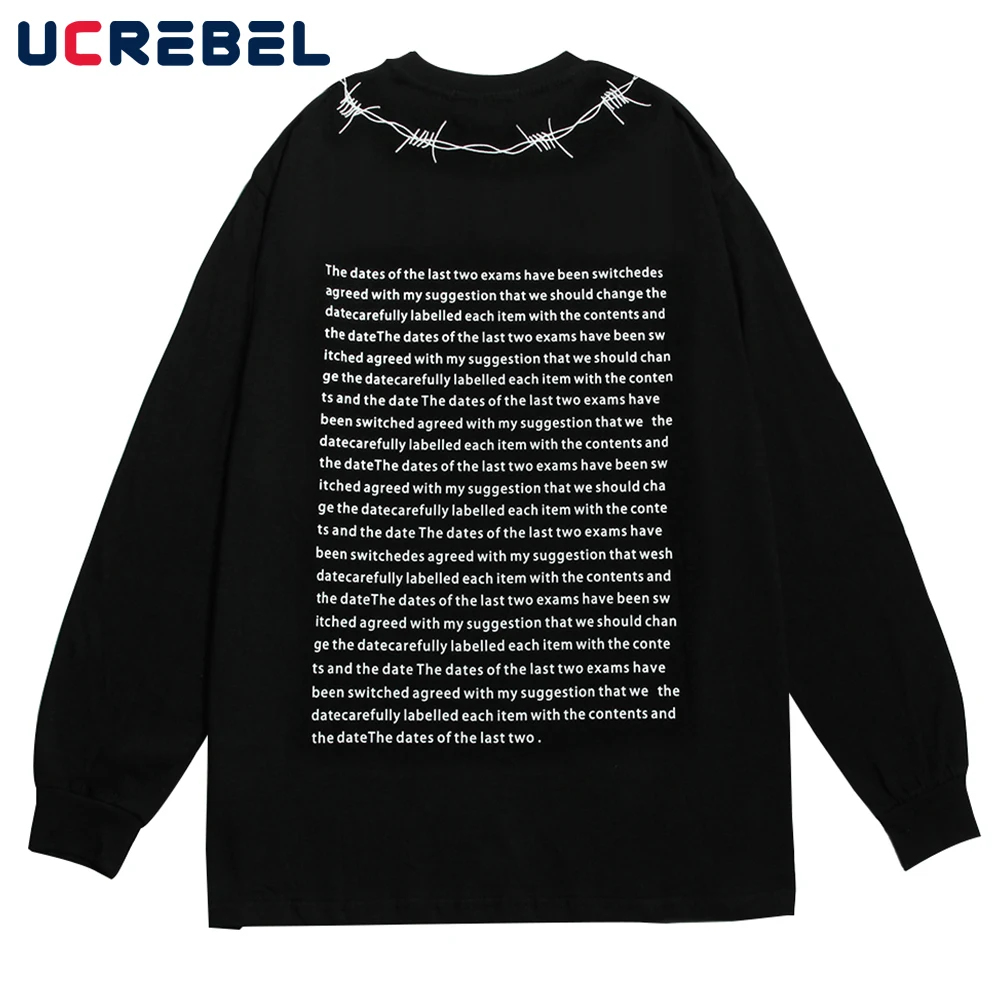 Letter Print Long Sleeve T-shirt Mens High Street Casual Crew Neck Cotton Tee Streetwear Loose T Shirt Men