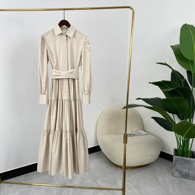 

Autum New Arrival Designer Fashion Style Top Quality Khaki Long Sleeve Cotton Plus Size Dress