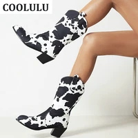 coolulu women western mid calf boots cowboy chunky heel women boots cowgirl high heel winter booties shoes casual shoes