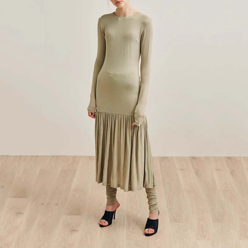 Женское желтое оливковое платье миди из вискозы Lomello с воланами плиссированное