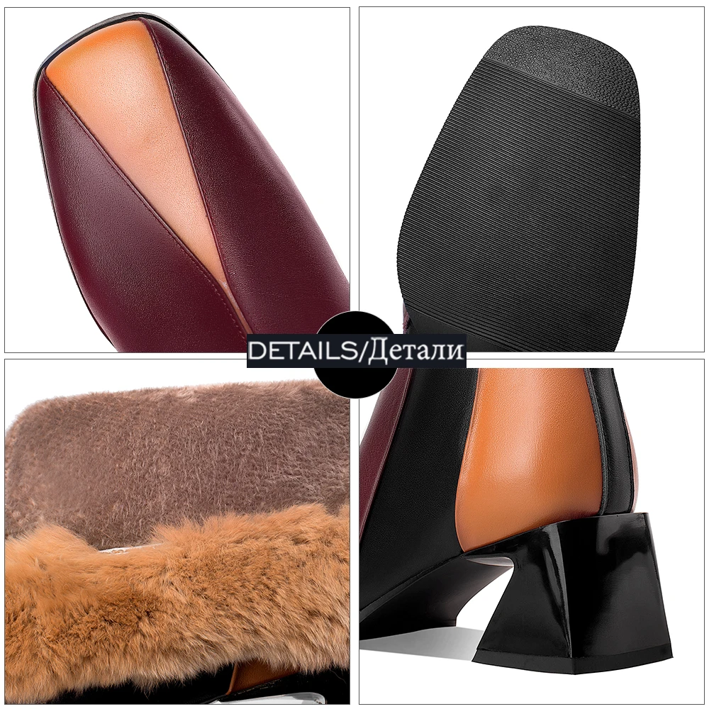 

WETKISS Women Genuine Leather Ankle Boots Square Toe Strange Heeled Side Zip Fashion Warm Short Plush Booties Winter Boots 2020