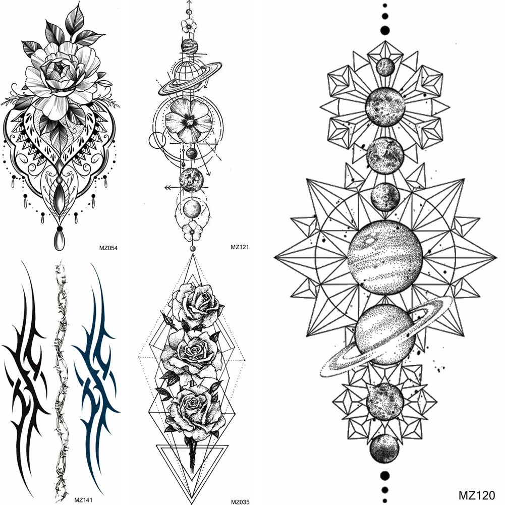 

Sexy Realistic Star Temporary Tattoos For Women Girls Body Art Black Small Rose Waterproof Geometric Planets Fake Tattoo Sticker