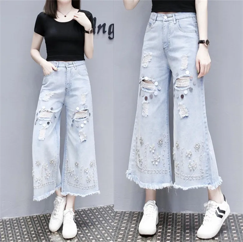 

High Waist ripped Jeans Women Streetwear flared Jean Femme Blue 100% Cotton Cargo Pants beading wide leg jeans female