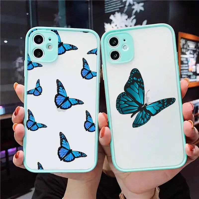 

Butterfly Phone Case For iPhone 12 11 Mini Pro XR XS Max 7 8 Plus X Matte transparent blue Back Cover
