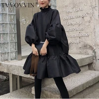 tvvovvin 2020 new spring women clothing turtleneck lantern sleeves pleated big hem stain japan styles dress dresses e102