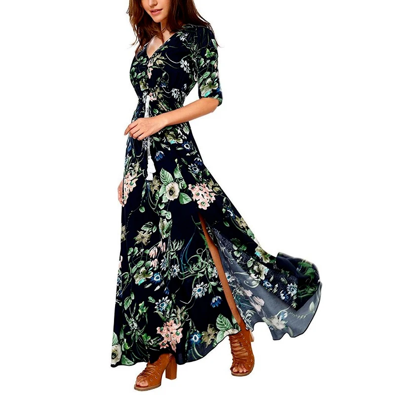 

Floral Printed Boho Maxi Dress Women Summer Bohemian Long Dress V Neck Big Swing Plus Size Short Sleeve Holiday Beach Vestidos