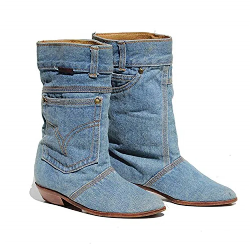 

Low Heel Ladies Casual Boots Blue Cowboy Shoes Leather Fashion New Mid-tube Boat Women's Shoe Pointed Toe Boot Large Size