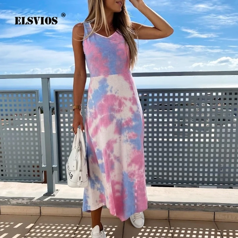 

Женское длинное вечервечерние платье, макси-платье свободного кроя, с принтом тай-дай, V-образным вырезом, без рукавов, для пляжа, лето 2020