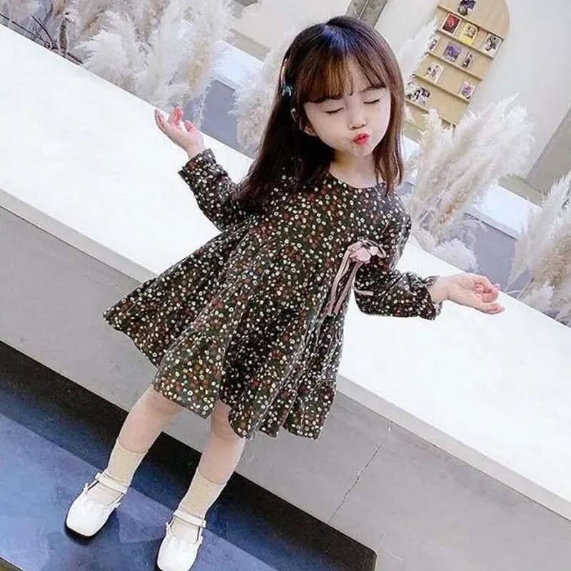 

New Kids Long Sleeve Dresses Girls Flower Printed Princess Dress Summer Children Clothing Bohemian Floral Rffle Dress