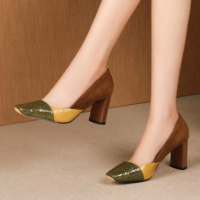 Женские офисные туфли ALLBITEFO натуральная кожа высокий толстый каблук цветные на