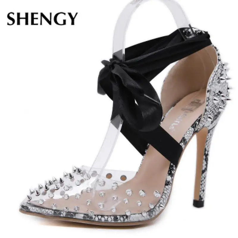 

Women Thin High Heels Rivet Snake Lace Up Sandals 2021New Summer Office Hollow Out Sandals Party Pumps Wedding Ladies Shoes