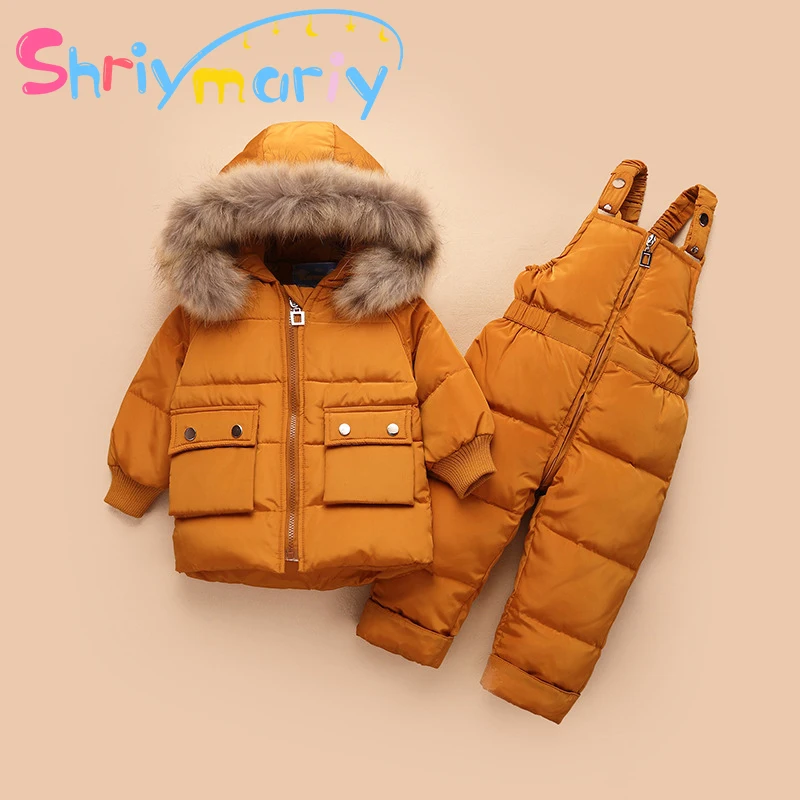 

2Pcs Winter Children's Down Jacket Jumpsuit Set Warm Fur Collar Baby Girl Boy Ski Suit Snowsuit Infant Outwear Coat For Babies