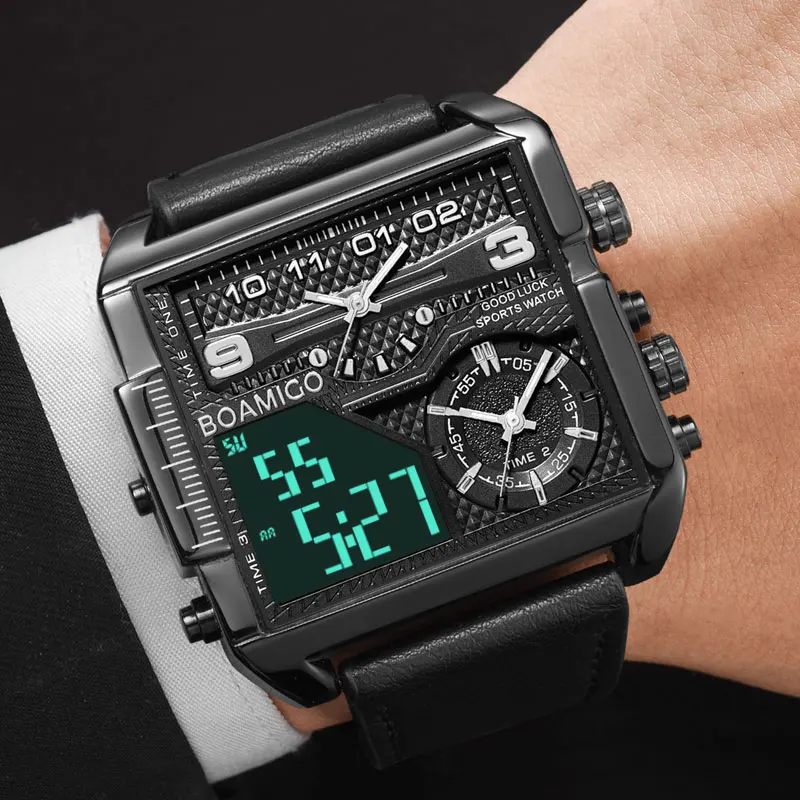 Мужские водонепроницаемые кварцевые часы с кожаным ремешком 3 часовых пояса 2021 |