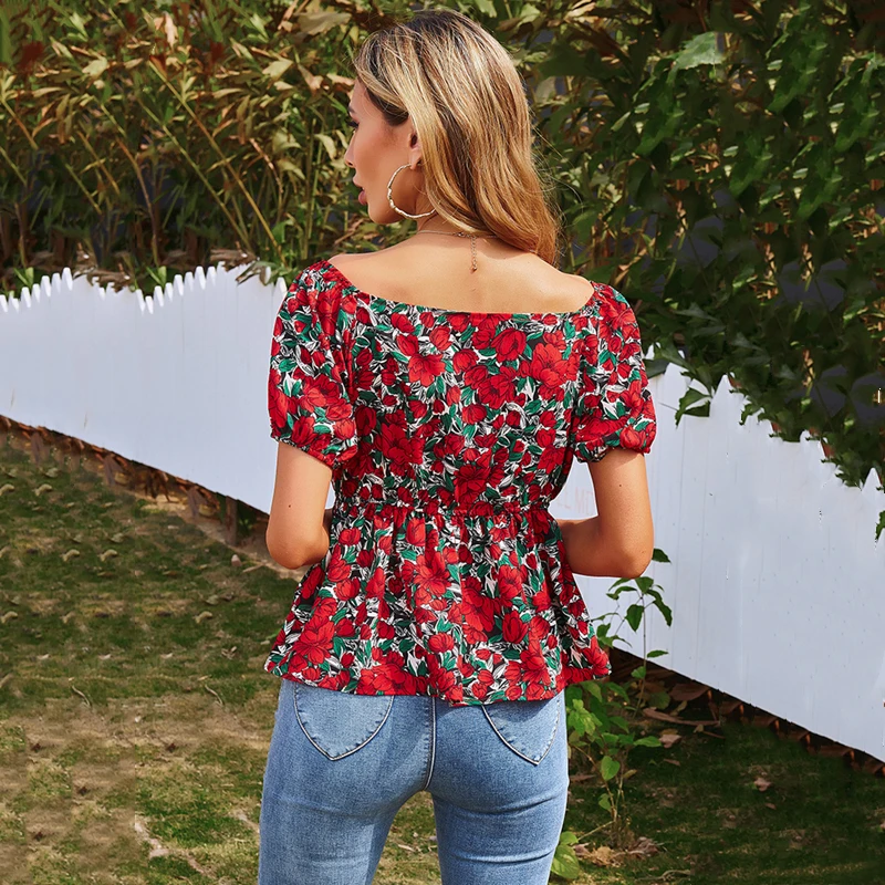 

Summer Floral Slim Waist T-shirts Women V-Neck Print Short Sleeve Casual Tops 2021 Simple Fashion All-Match Tees New Streetwear
