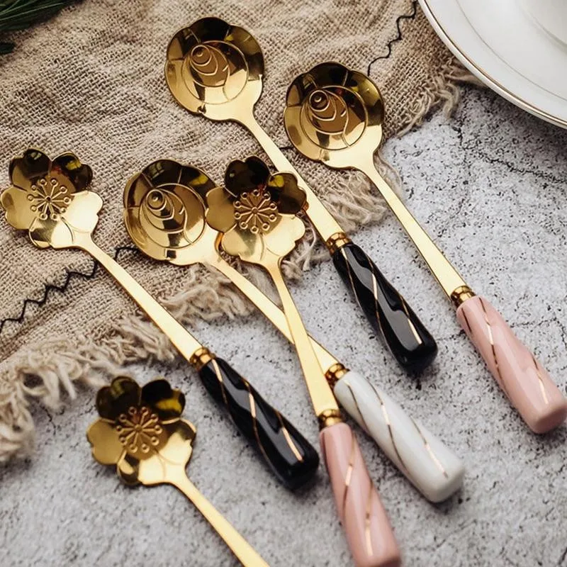 

Steel Flower Spoon Ceramic Handle Spoon Mixing Spoon Elegant Coffee Dessert Flower Spoon European Style