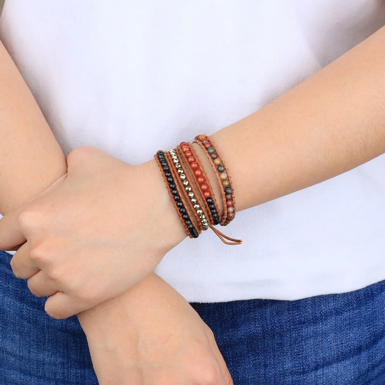 

KELITCH 4MM Natural Stone Bracelets Handmade Gift For Women Leather Wrap Bangles Jewelry Club Friends