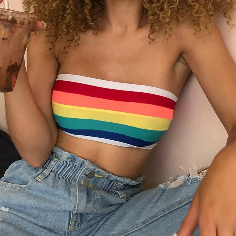 

2021 Summer Sexy Tube Crop Tops Girl Strapless Bustier Stripe Rainbow Bandeau Striped Bralette Brassier Streetwear Women Clothes