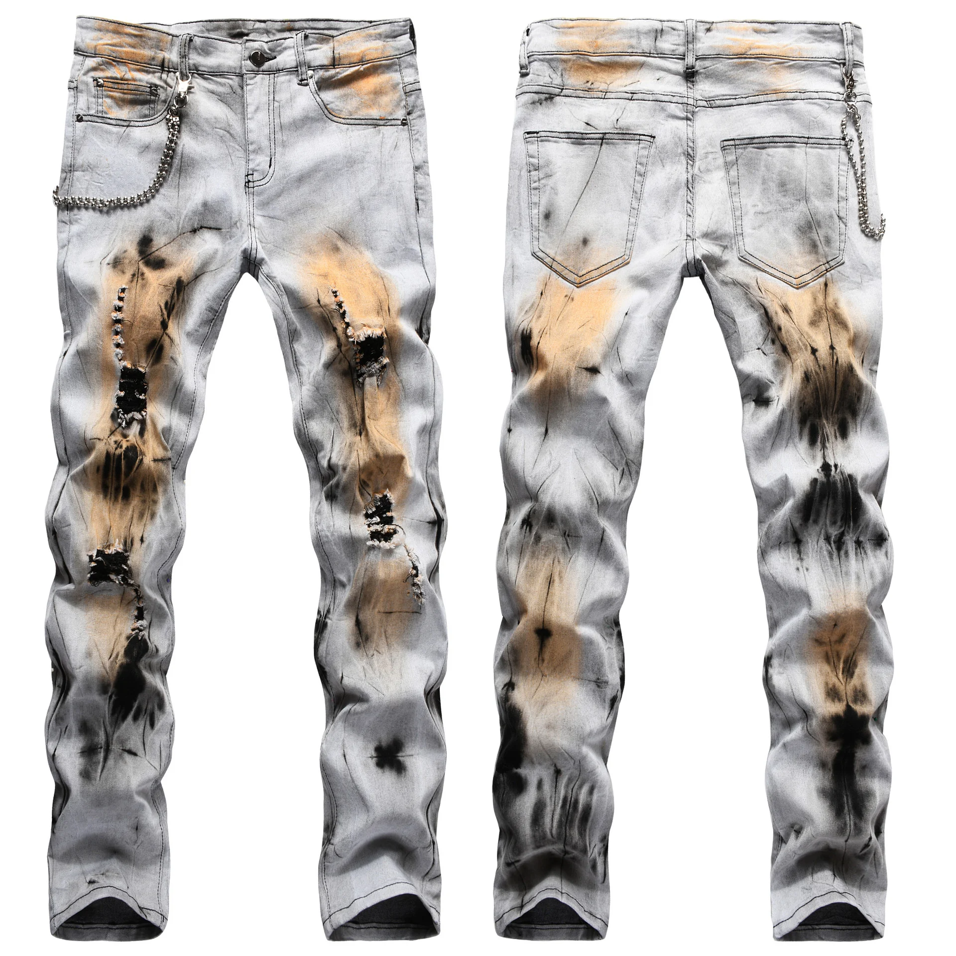 

Fashion Men's MORUANCLE Ripped Hip Hop Pants Washed Distressed Denim Trousers With Holes Stretchy Painted Jeans Big Size