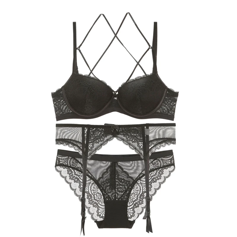 Sexy Lace Bra+ Panties+ Garters Set Underwear Push Up Bra Thick Padded Backless Bandage Bra A B C D Cup Women Lingerie
