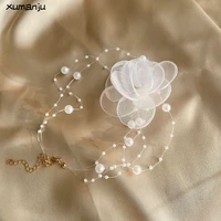 necklace french camellia lace double necklaces simple fairy pearl yarn necklaces for women decorative rose clavicle chain choker