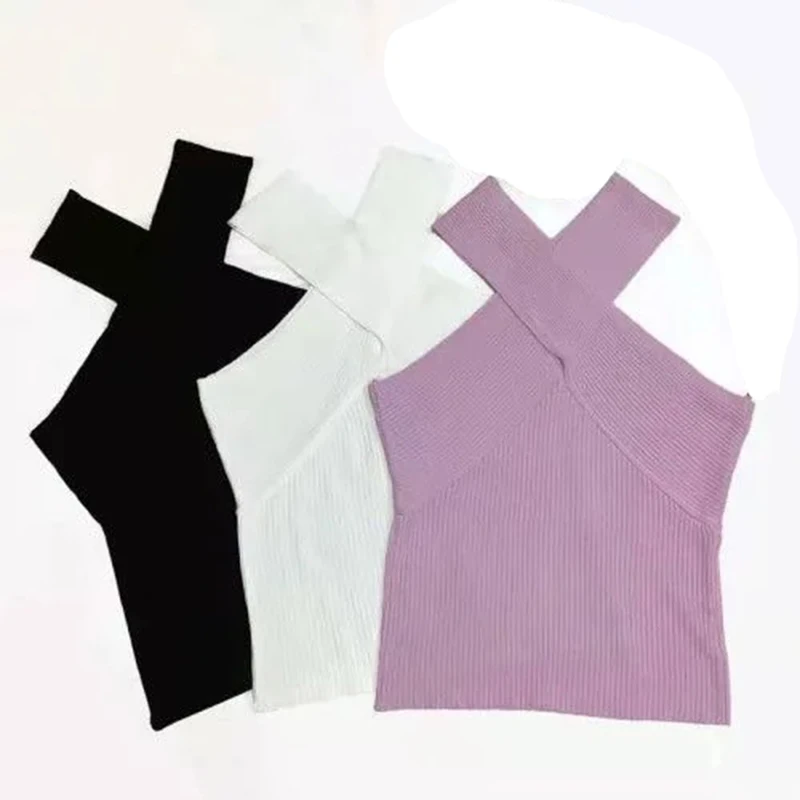 

2021 New Style Women's Knitted Pullover Sexy Cross Neck Shoulder Two Wear Suspender Vest Outerwear Temperament