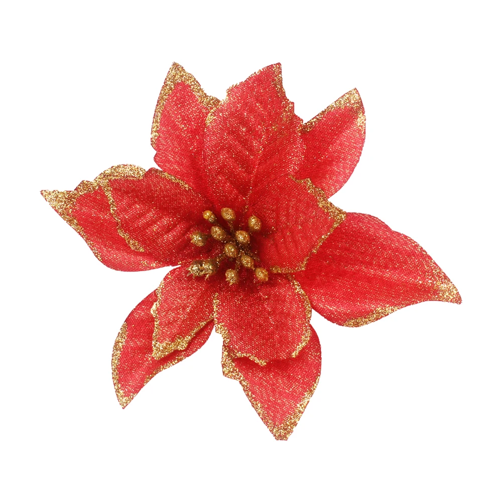 12pcs/lot Artificial Christmas Flowers Plastic&Cloth Glitter Hollow Flower For Christmas Tree Decoration DIY Xmas New Year Decor