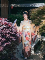 japan style womens kimono traditional summer yukata yellow color flower prints performing dress cosplay clothing bath robe