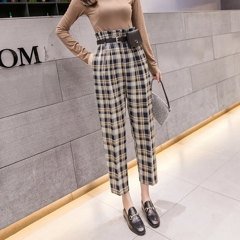KINOMI Осенние клетчатые женские брюки в Корейском стиле с ремнем Женская рабочая