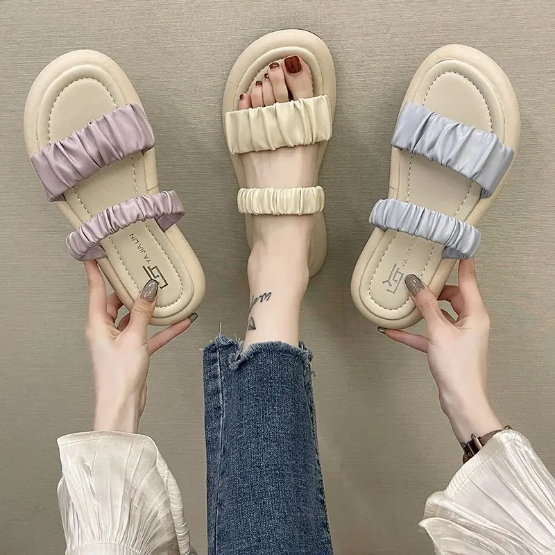 

Сланцы женские на платформе, пляжные шлепанцы, плиссированные сандалии, низкий каблук, открытый носок, Повседневная летняя обувь